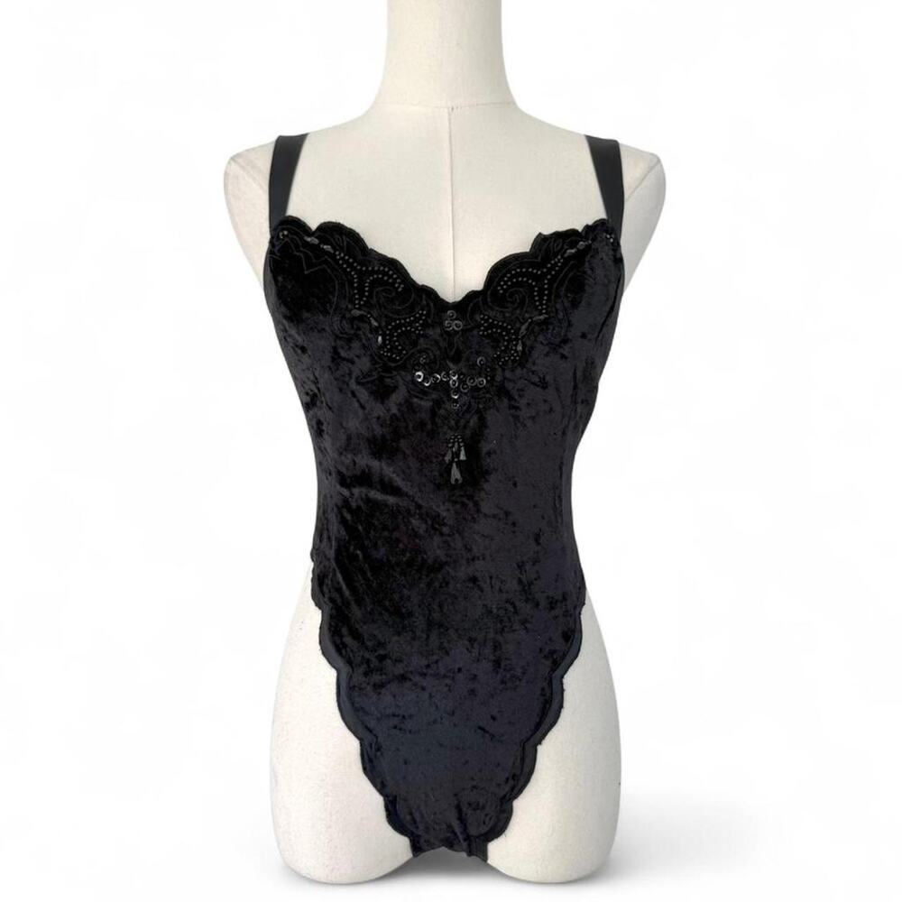 VINTAGE VICTORIA’S SECRET GOLD LABEL VELVET EMBELLISHED BODYSUIT